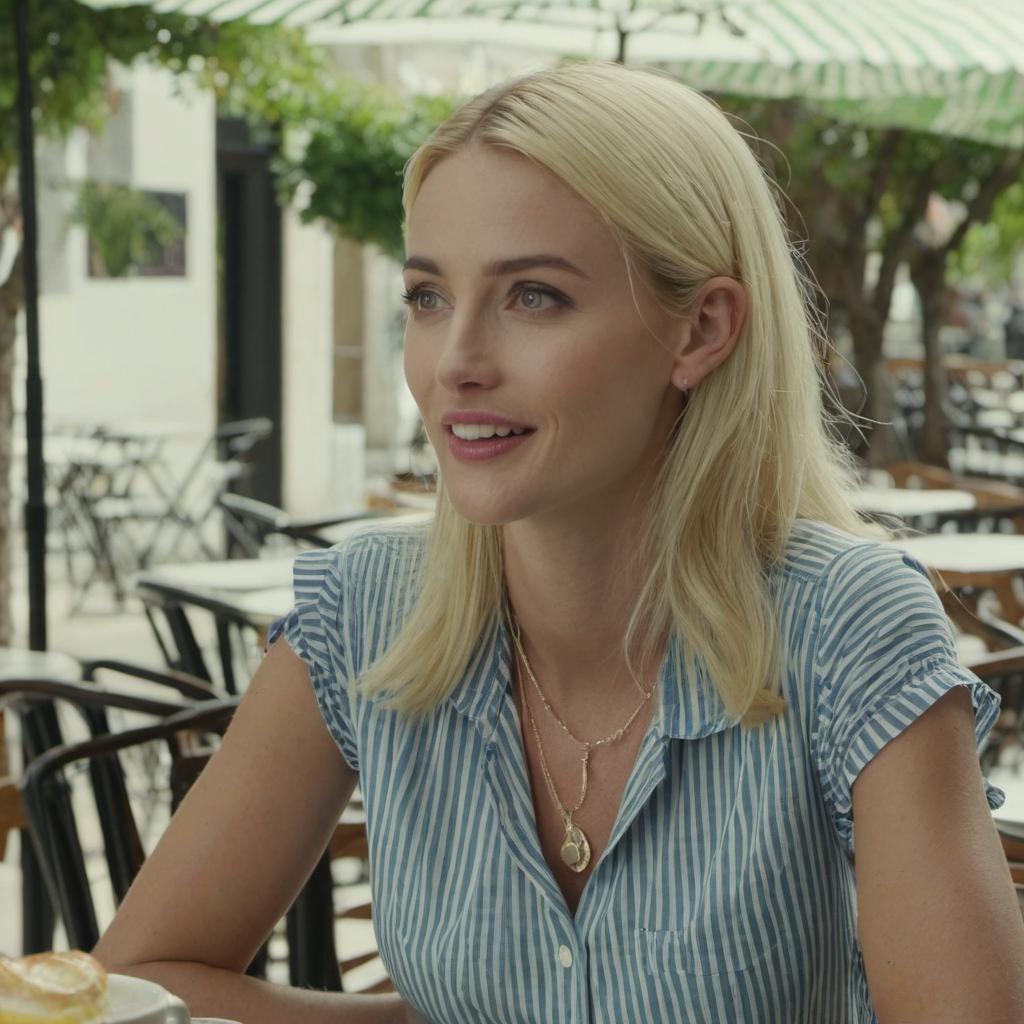 A blonde woman seated outdoors smiling | Source: Midjourney