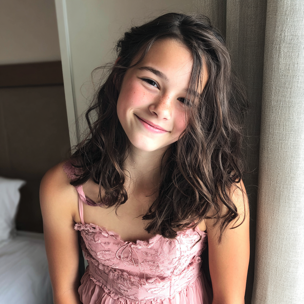 A smiling little girl in a pink dress | Source: Midjourney