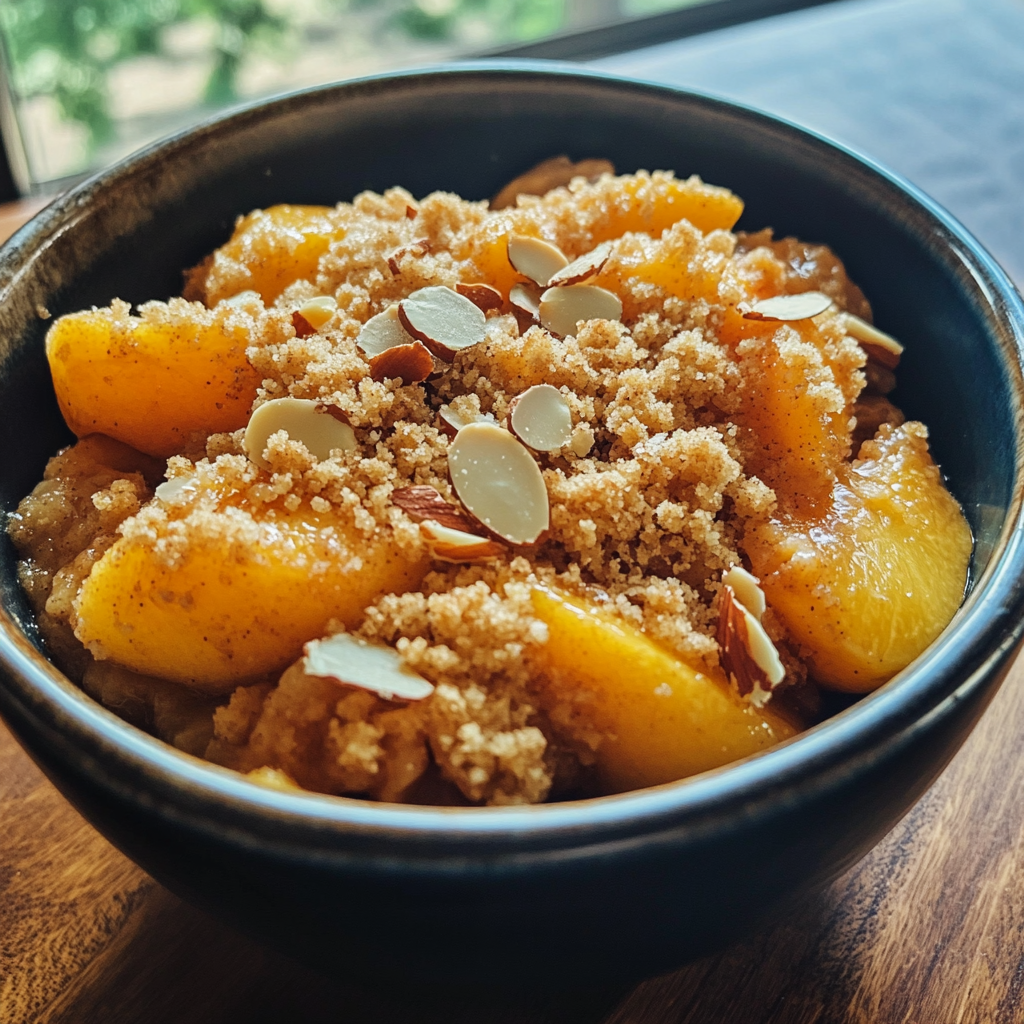 A bowl of peach cobbler | Source: Midjourney