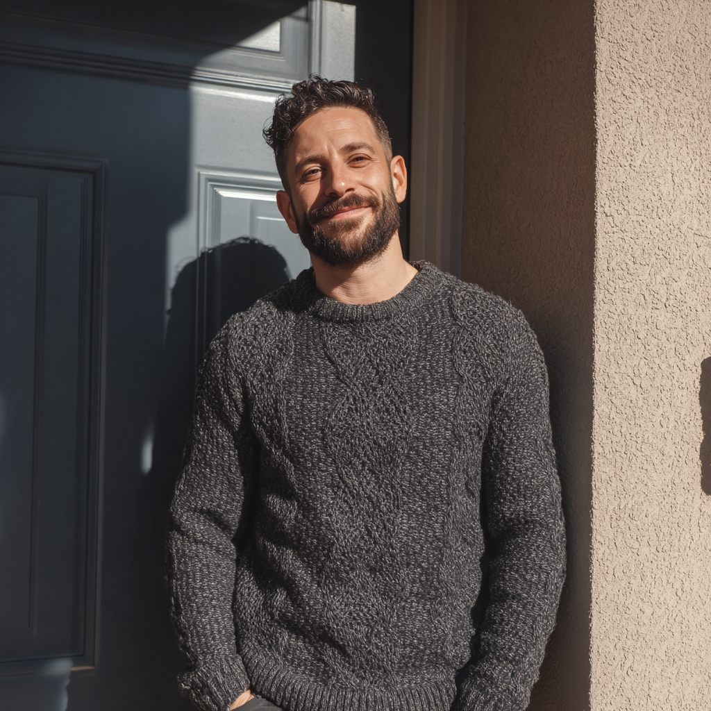 A smiling man standing in front of an apartment door | Source: Midjourney