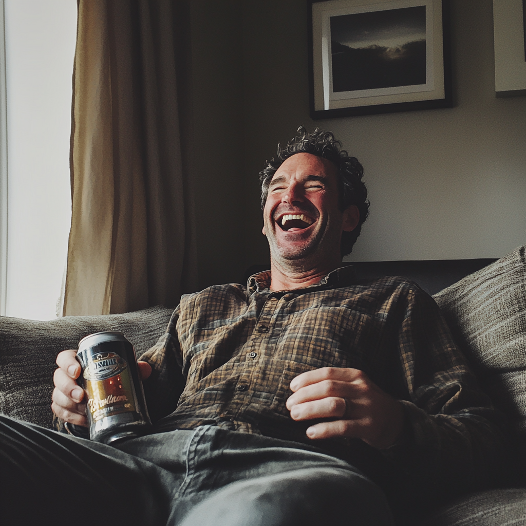 A man sitting on a couch and holding a can | Source: Midjourney