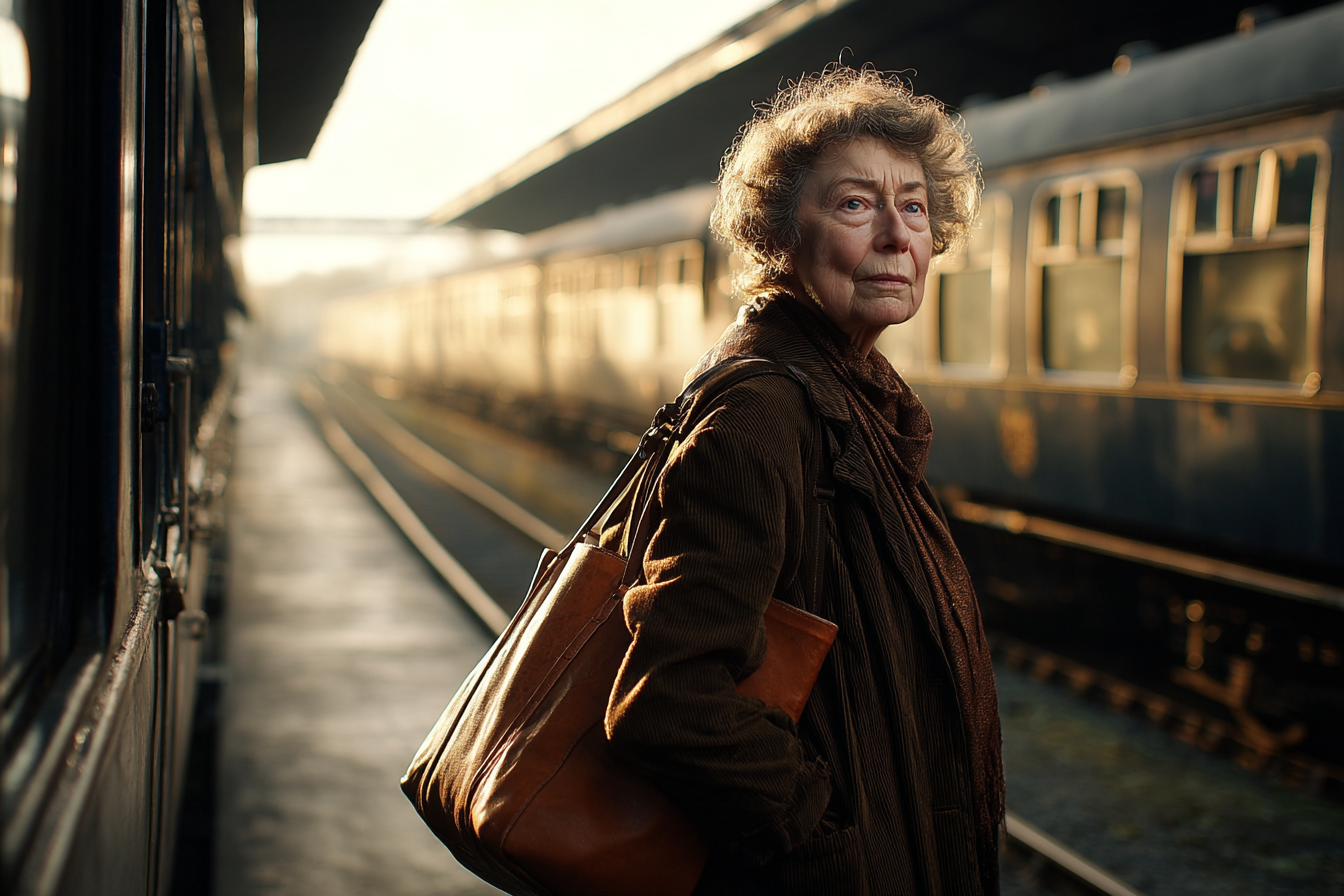 A woman standing near a train | Source: Midjourney