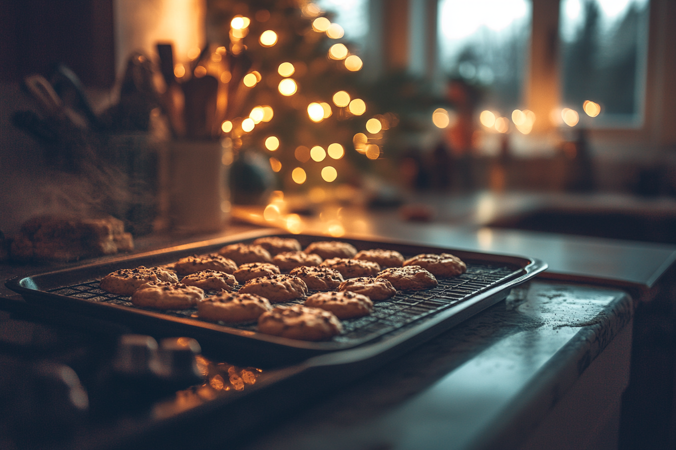 Chocolate chip cookies baking on a pan on the stove counter at Christmas | Source: Midjourney