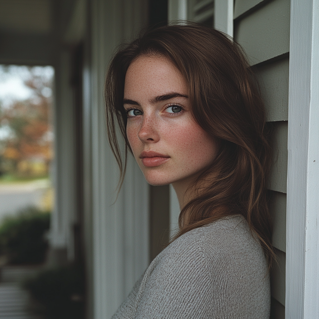 A serious woman on a porch | Source: Midjourney