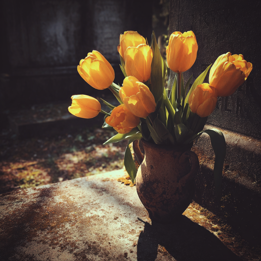 A vase of yellow tulips at a tombstone | Source: Midjourney