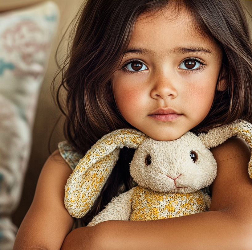 A girl holding a stuffed rabbit | Source: Midjourney