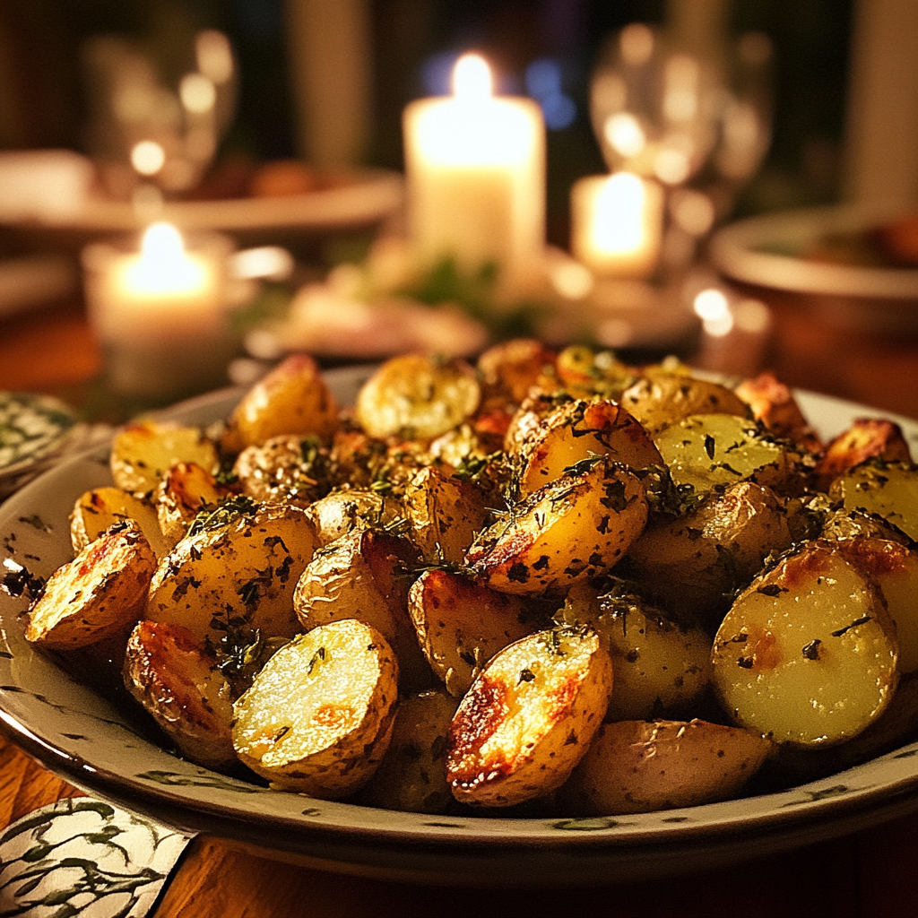 A plate of roasted potatoes | Source: Midjourney