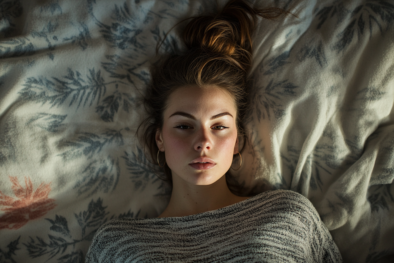 A woman in her 30s just blinking awake in the morning in bed | Source: Midjourney