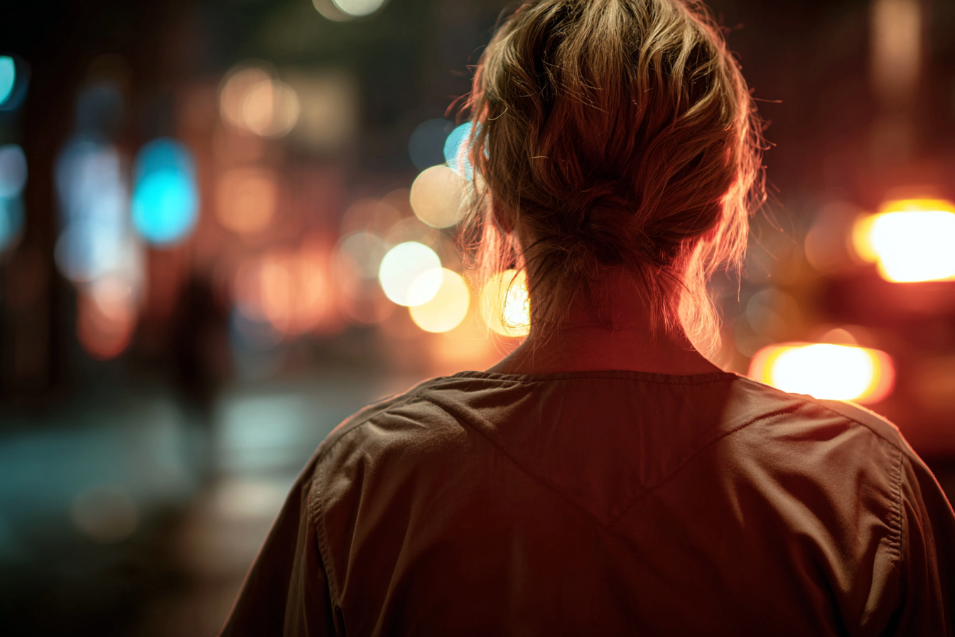 A back-view shot of a nurse standing near a road | Source: Midjourney