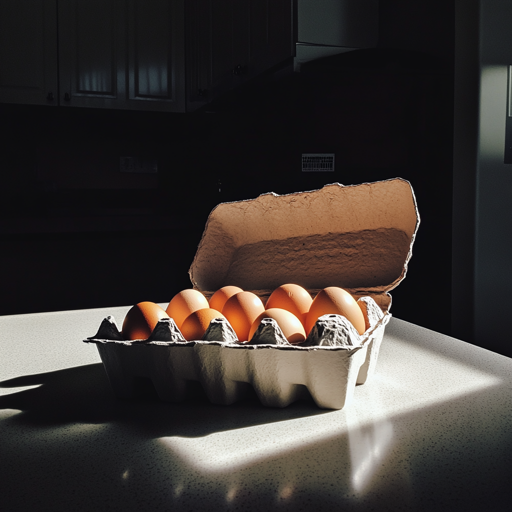 A carton of eggs on a counter | Source: Midjourney