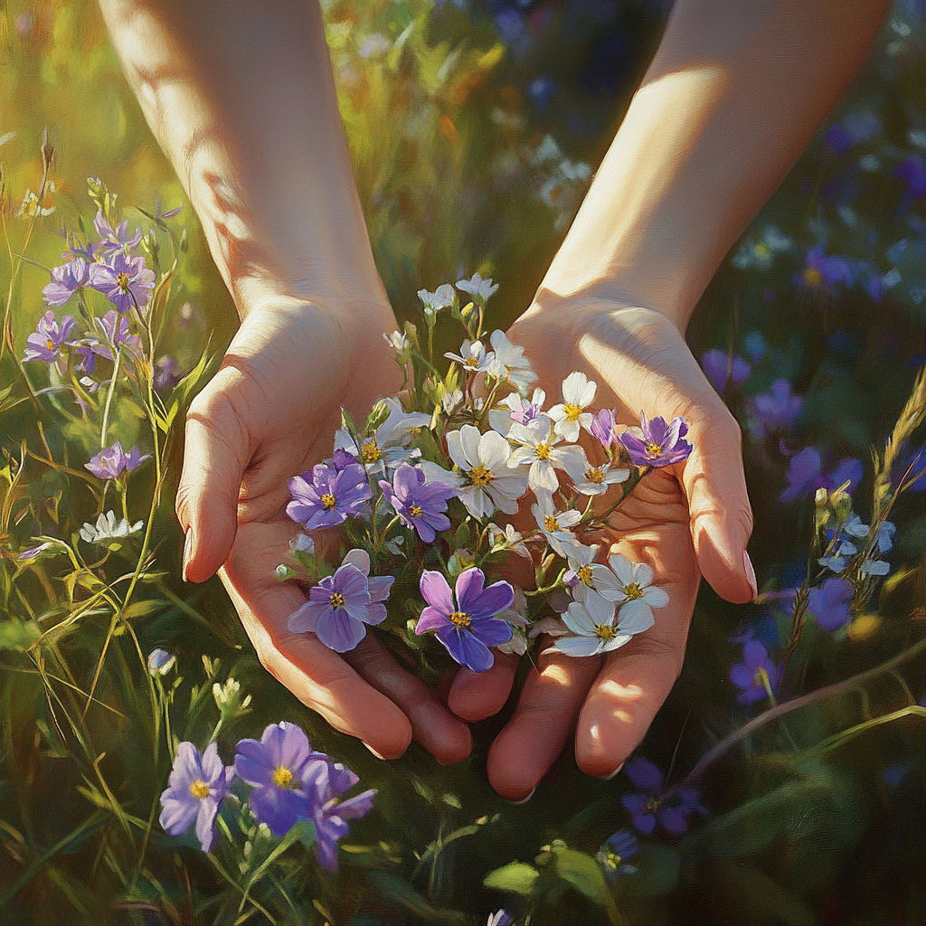 A woman holding wildflowers | Source: Midjourney