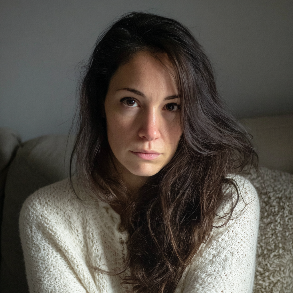 A woman sitting on a couch wearing a white sweater | Source: Midjourney