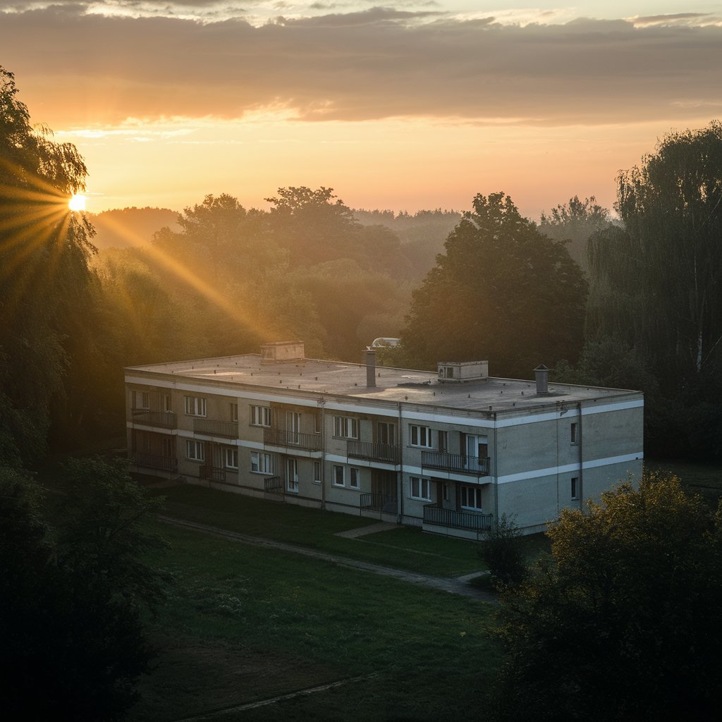 A modest apartment block at sunrise | Source: Midjourney