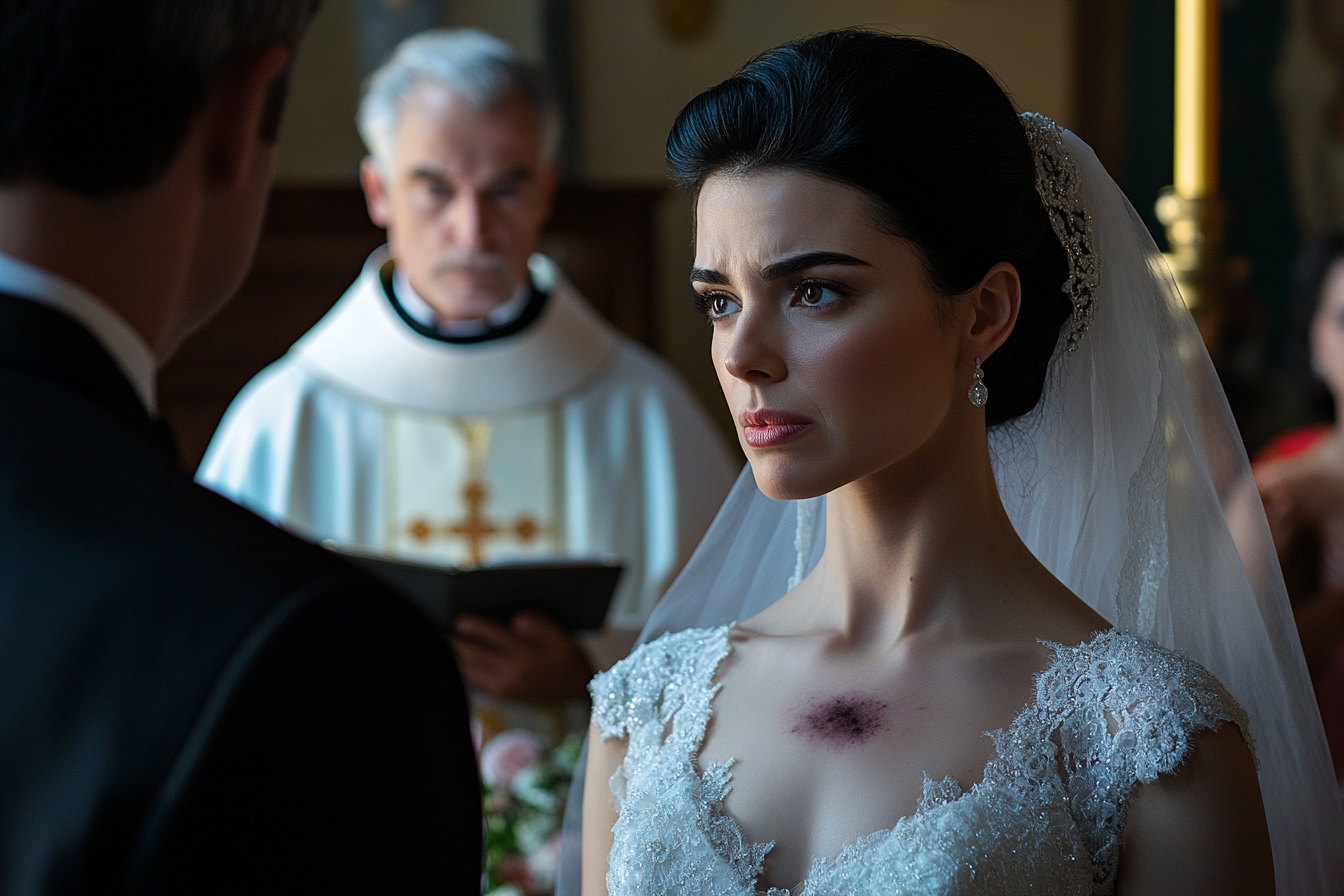 A bride standing in front of the groom and priest at the altar of a church, looking upset | Source: Midjourney