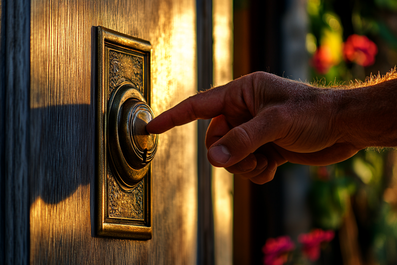 Man ringing a doorbell with his finger | Source: Midjourney