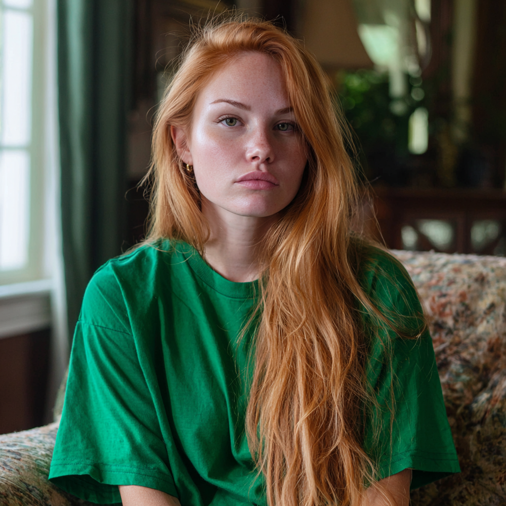 A pensive woman wearing a green t-shirt | Source: Midjourney