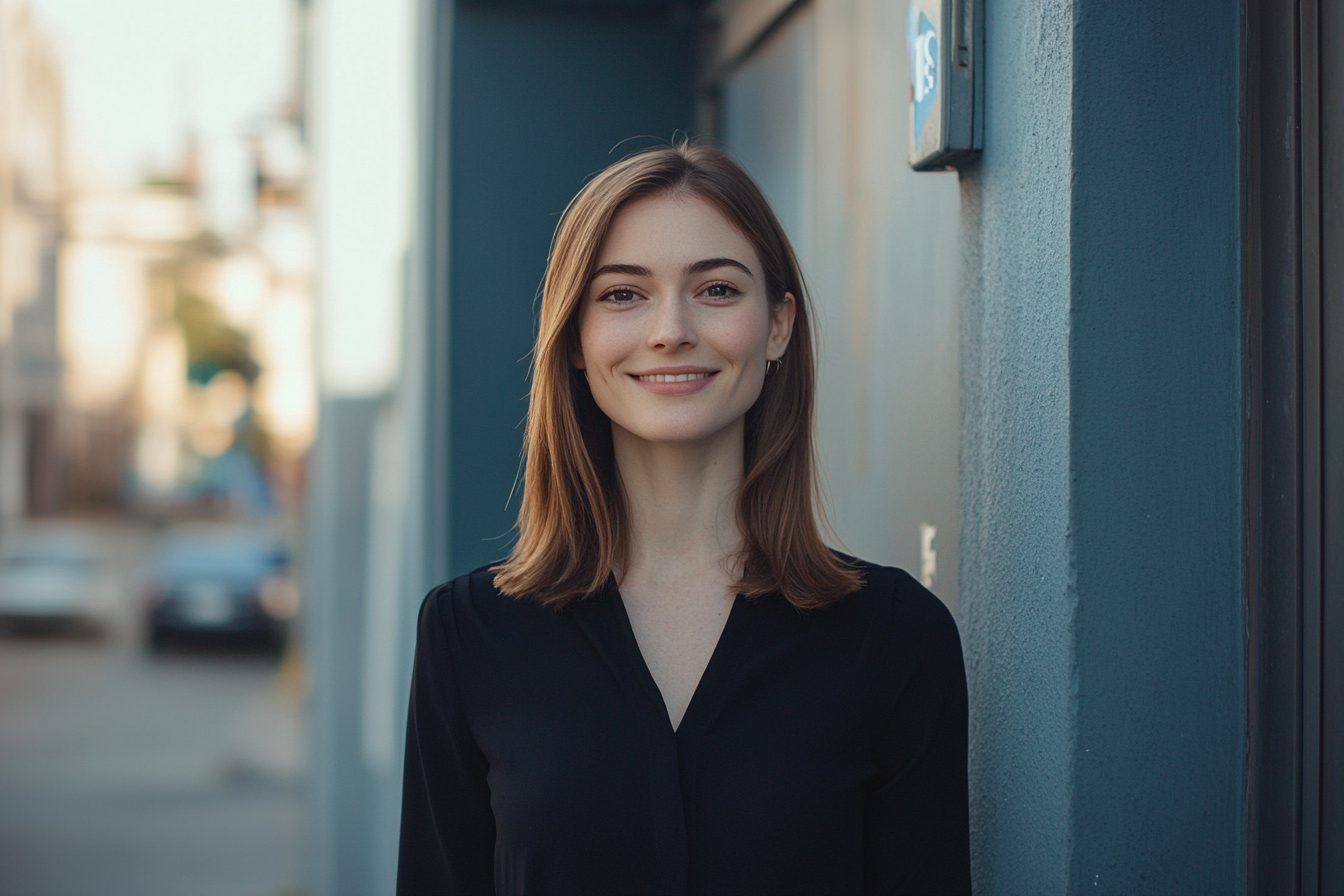 A woman smiling outside of a blue building | Source: Midjourney