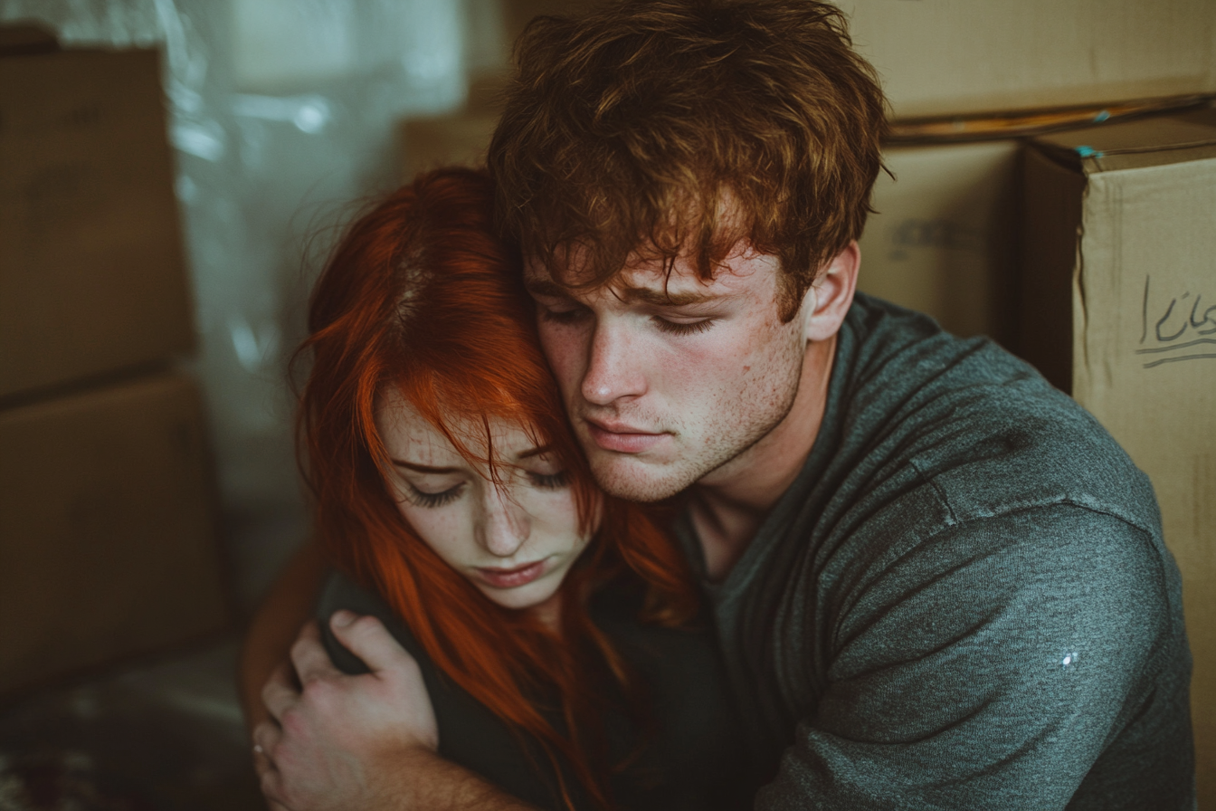 A couple hugging in a storeroom | Source: Midjourney