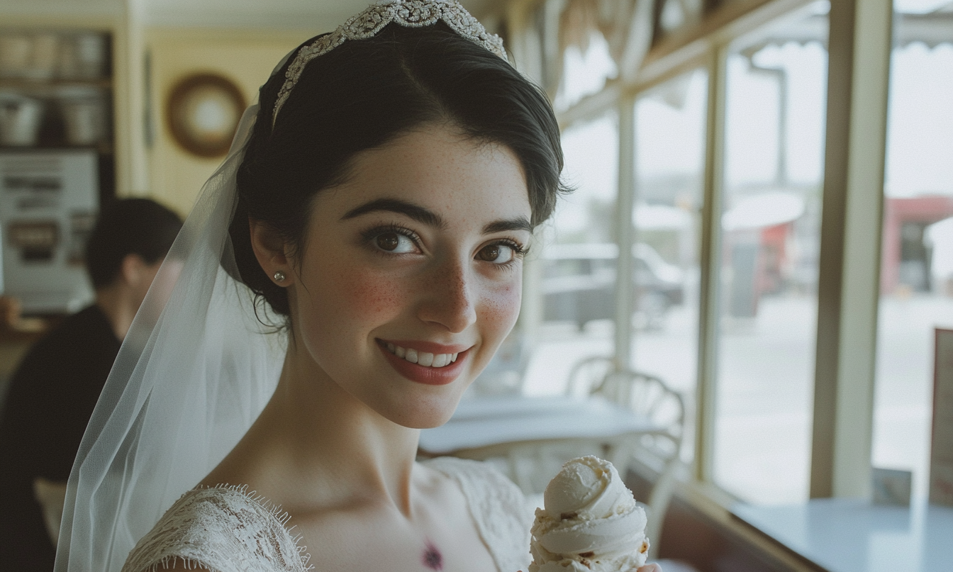 Woman in an ice cream parlor eating ice cream | Source: Midjourney