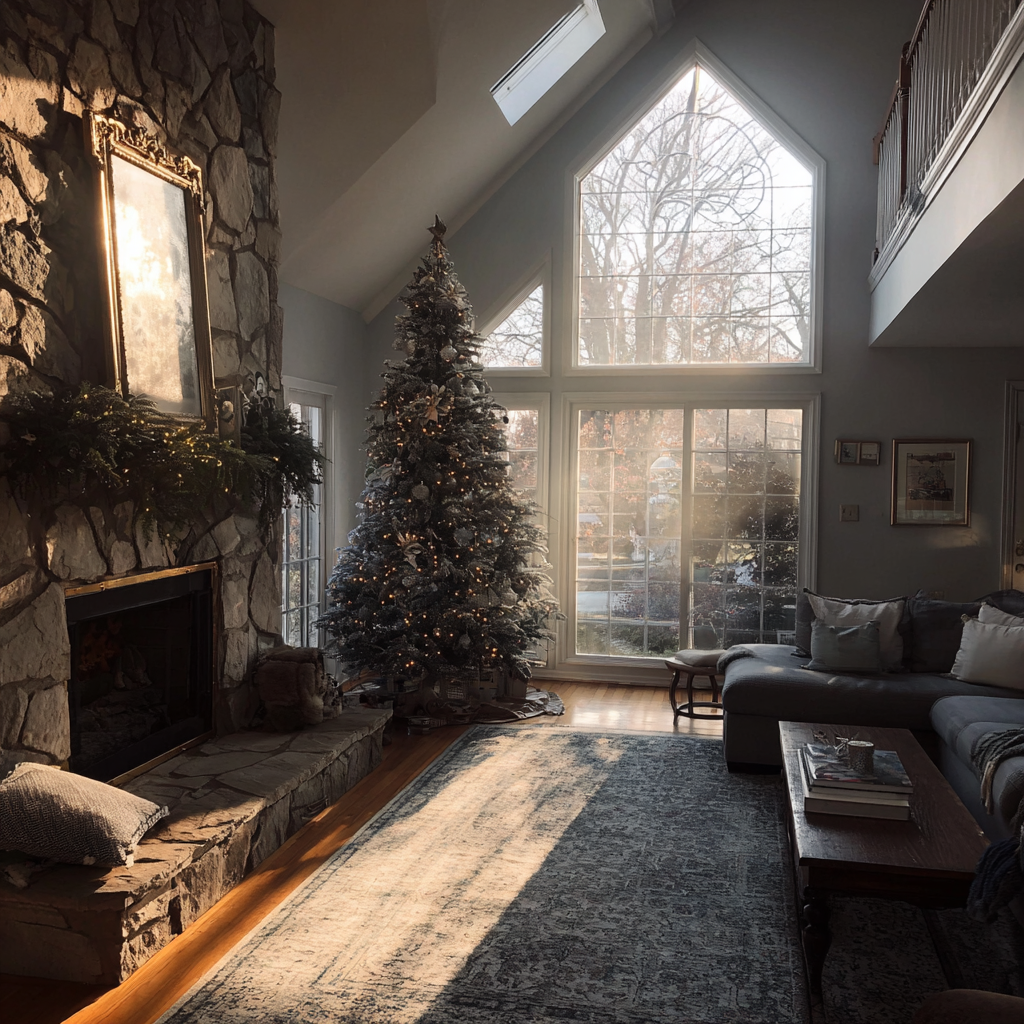 A Christmas tree in a living room | Source: Midjourney