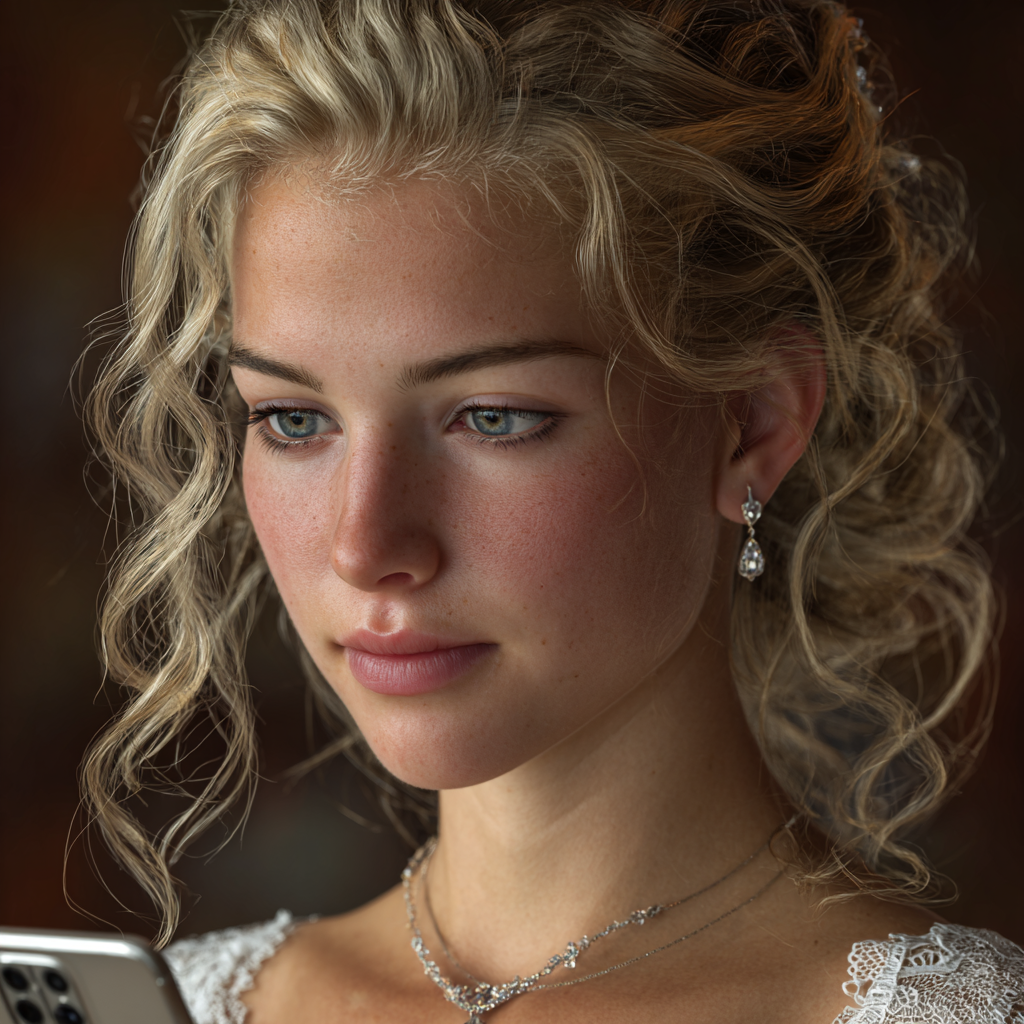 A bride looking at her phone | Source: Midjourney