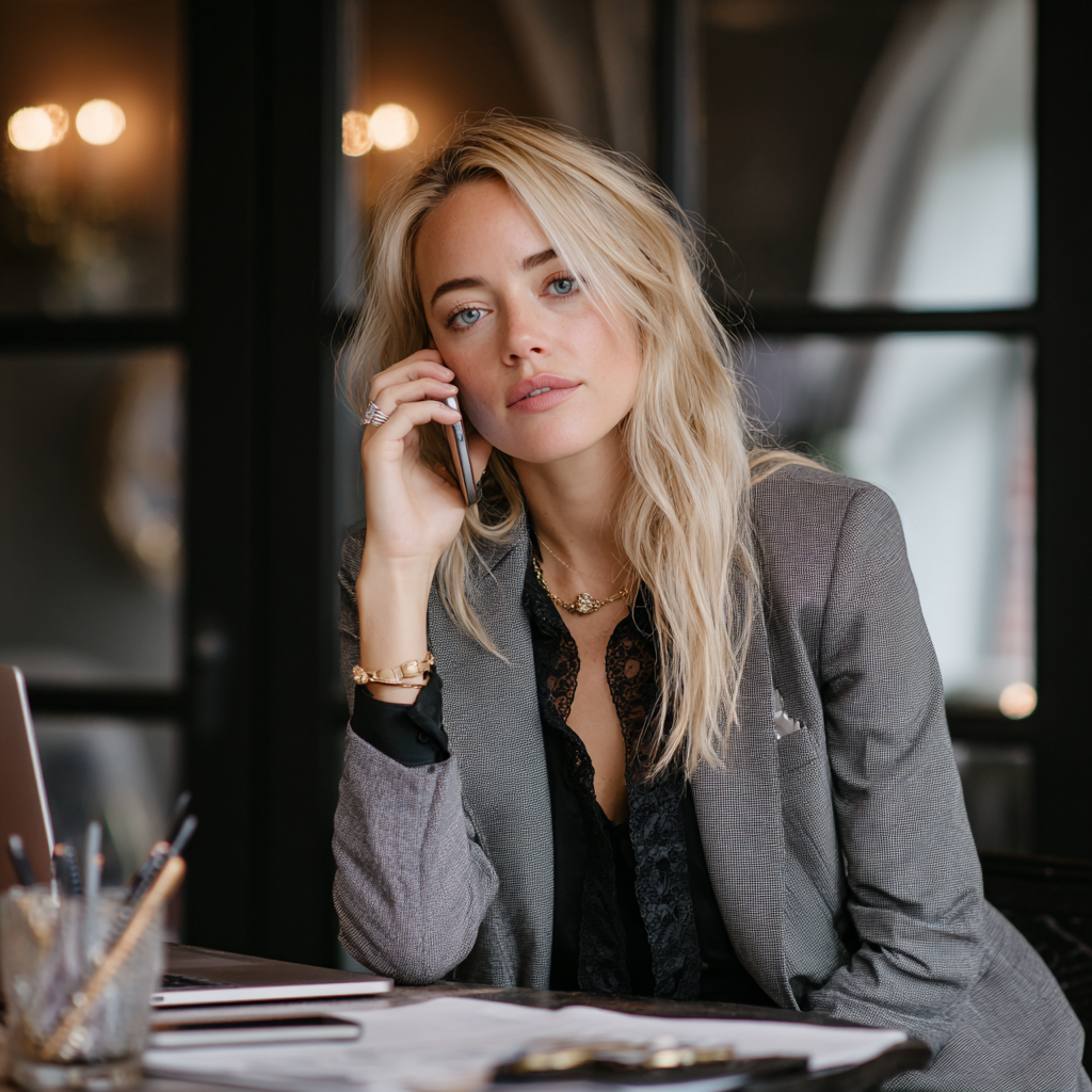 A woman talking on a phone in her office | Source: Midjourney
