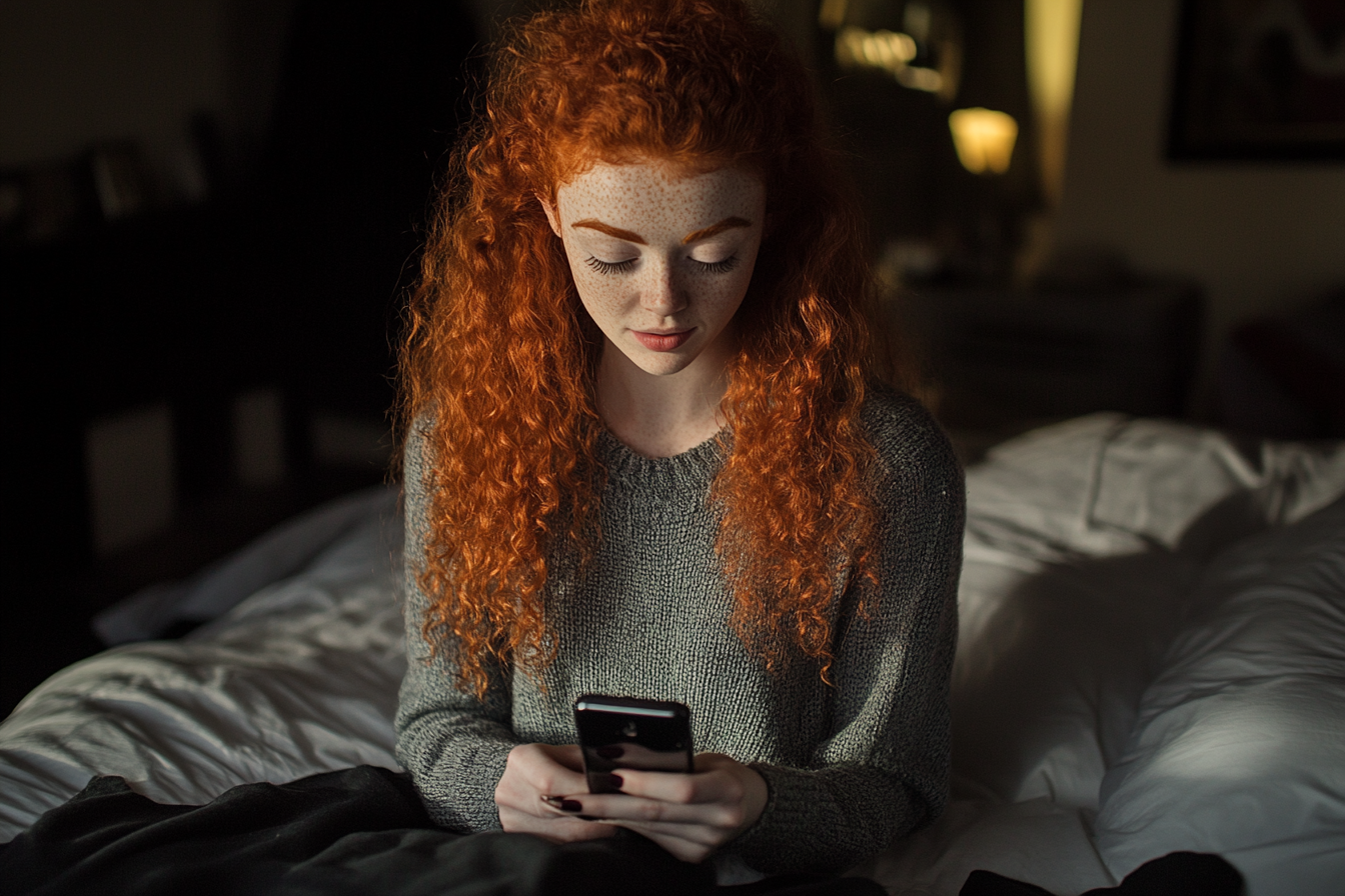 A woman looking at a phone in a bedroom | Source: Midjourney