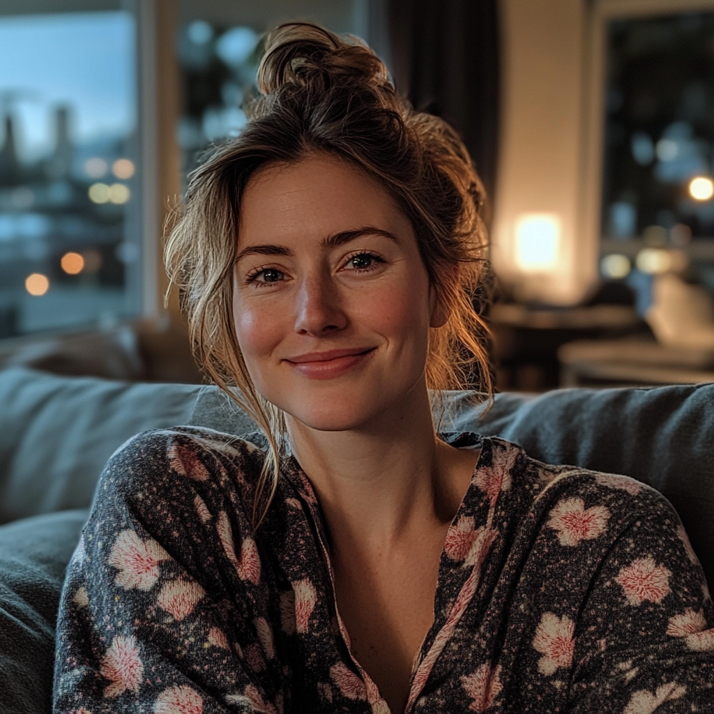 A smiling woman sitting on a couch | Source: Midjourney