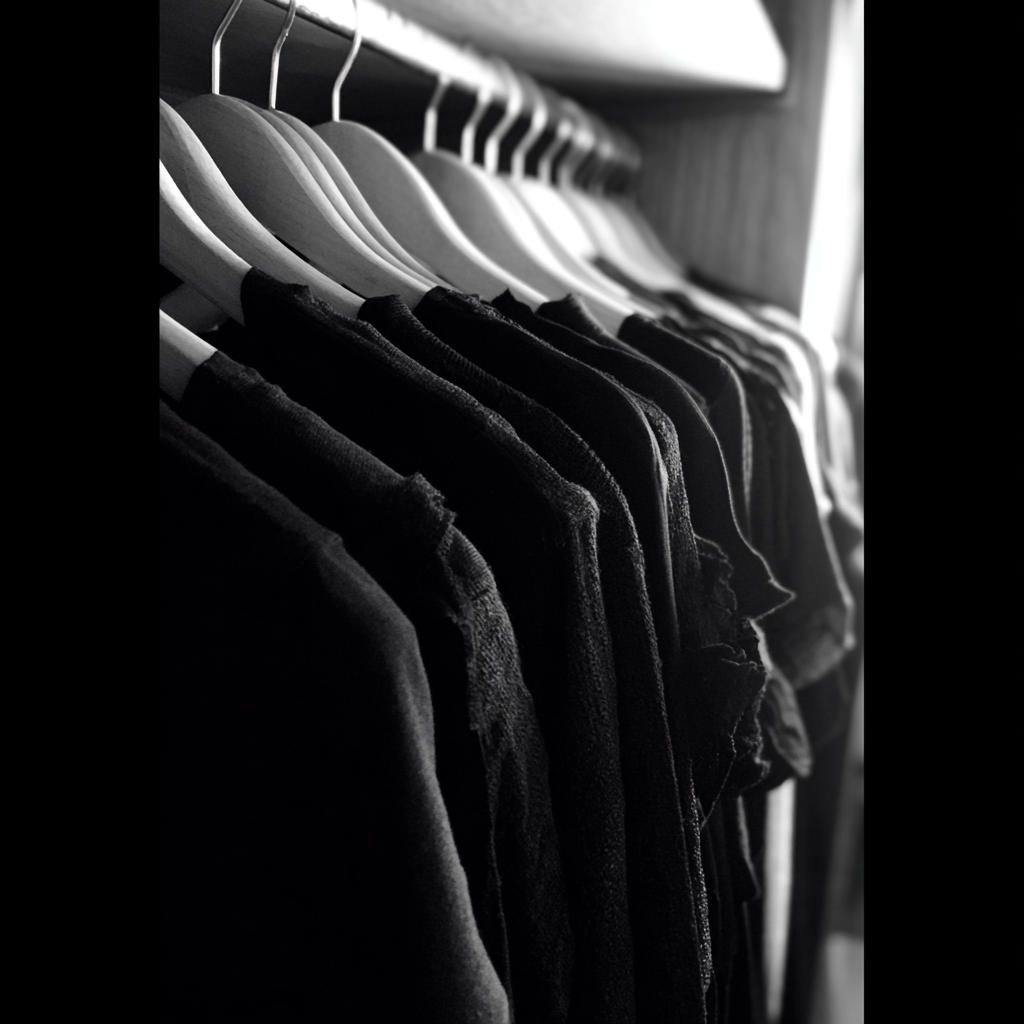 A row of black clothing in a closet | Source: Midjourney