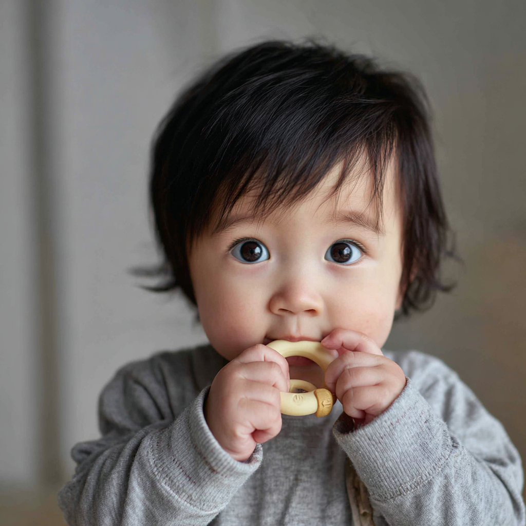 Baby boy chewing on a teething ring | Source: Midjourney