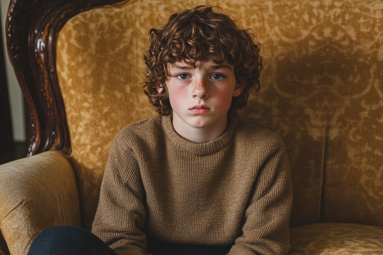 An emotional boy sitting on a sofa | Source: Midjourney