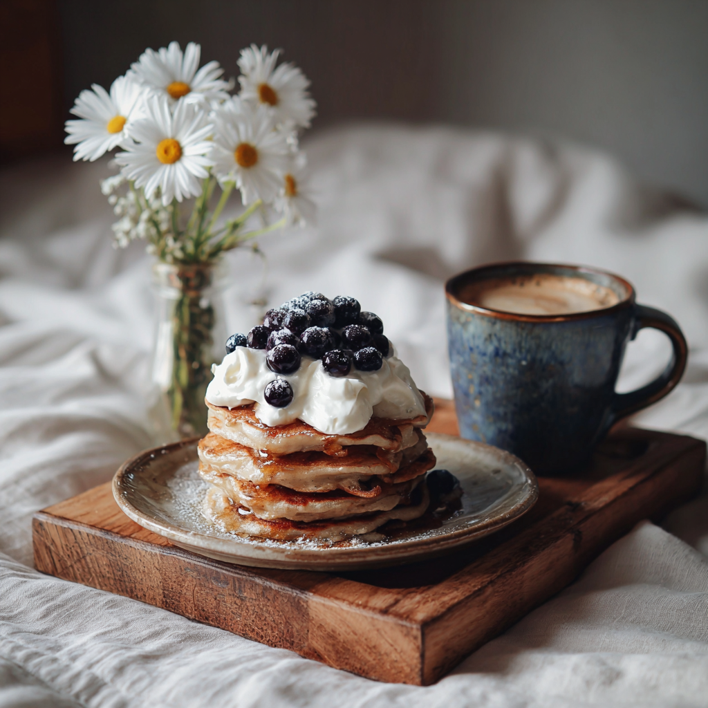 A breakfast tray of pancakes and coffee | Source: Midjourney
