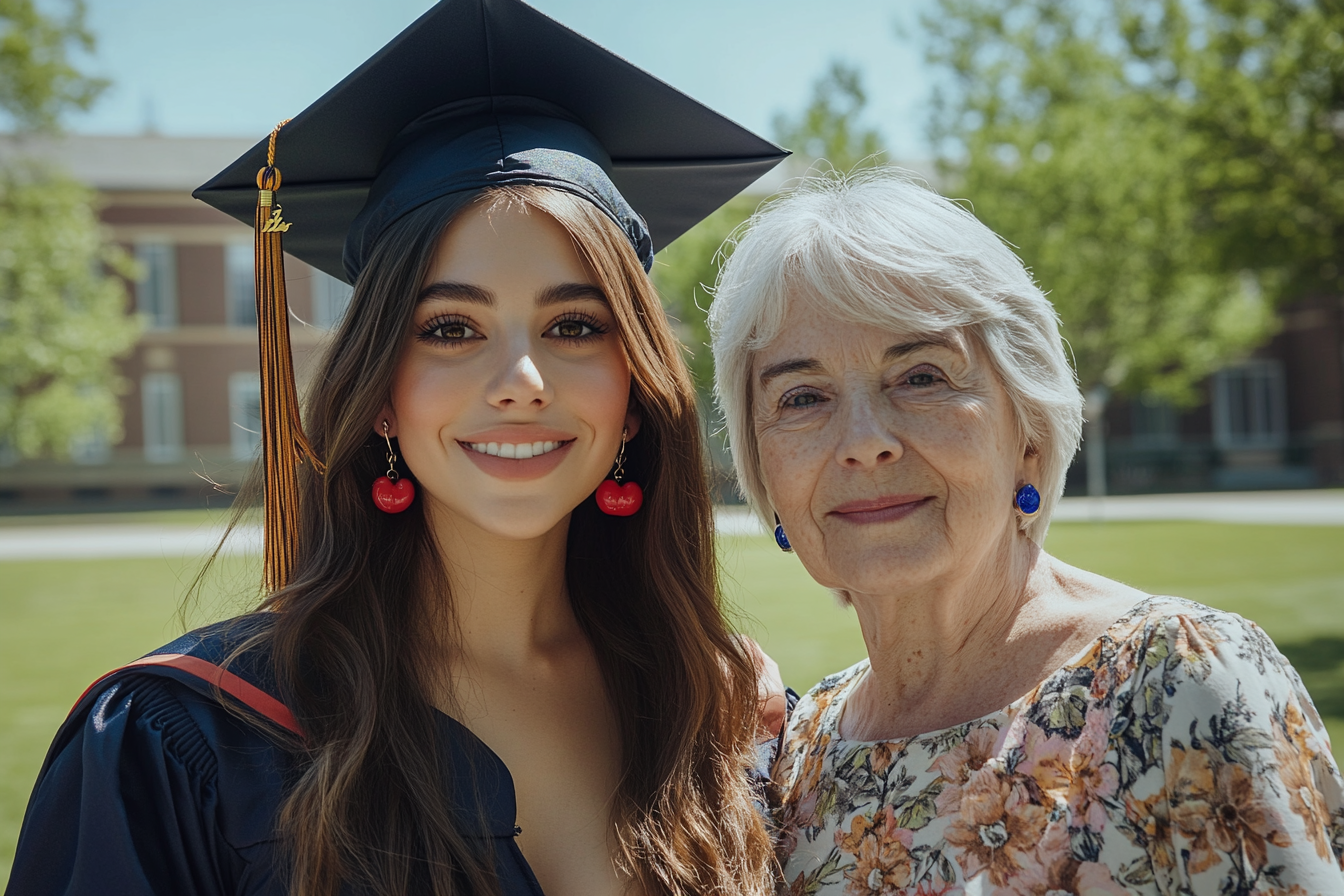 A woman and her grandmother happily posing in front of a college campus during a graduation | Source: Midjourney