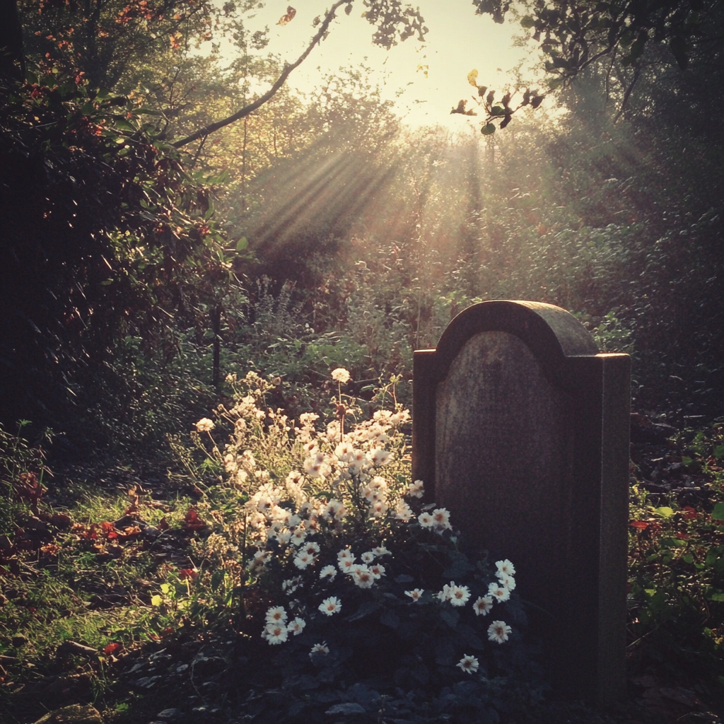 A tombstone with flowers | Source: Midjourney