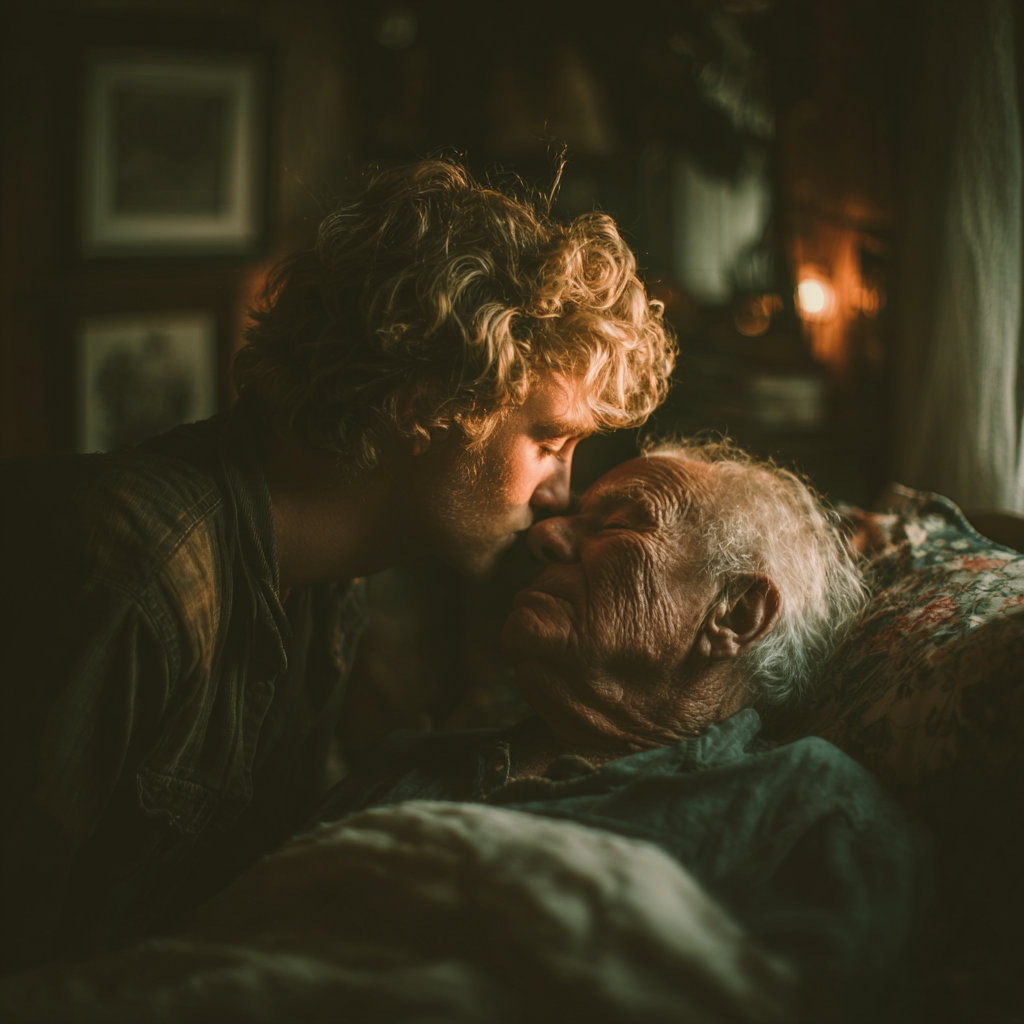 A sad man kissing and embracing an older man | Source: Midjourney