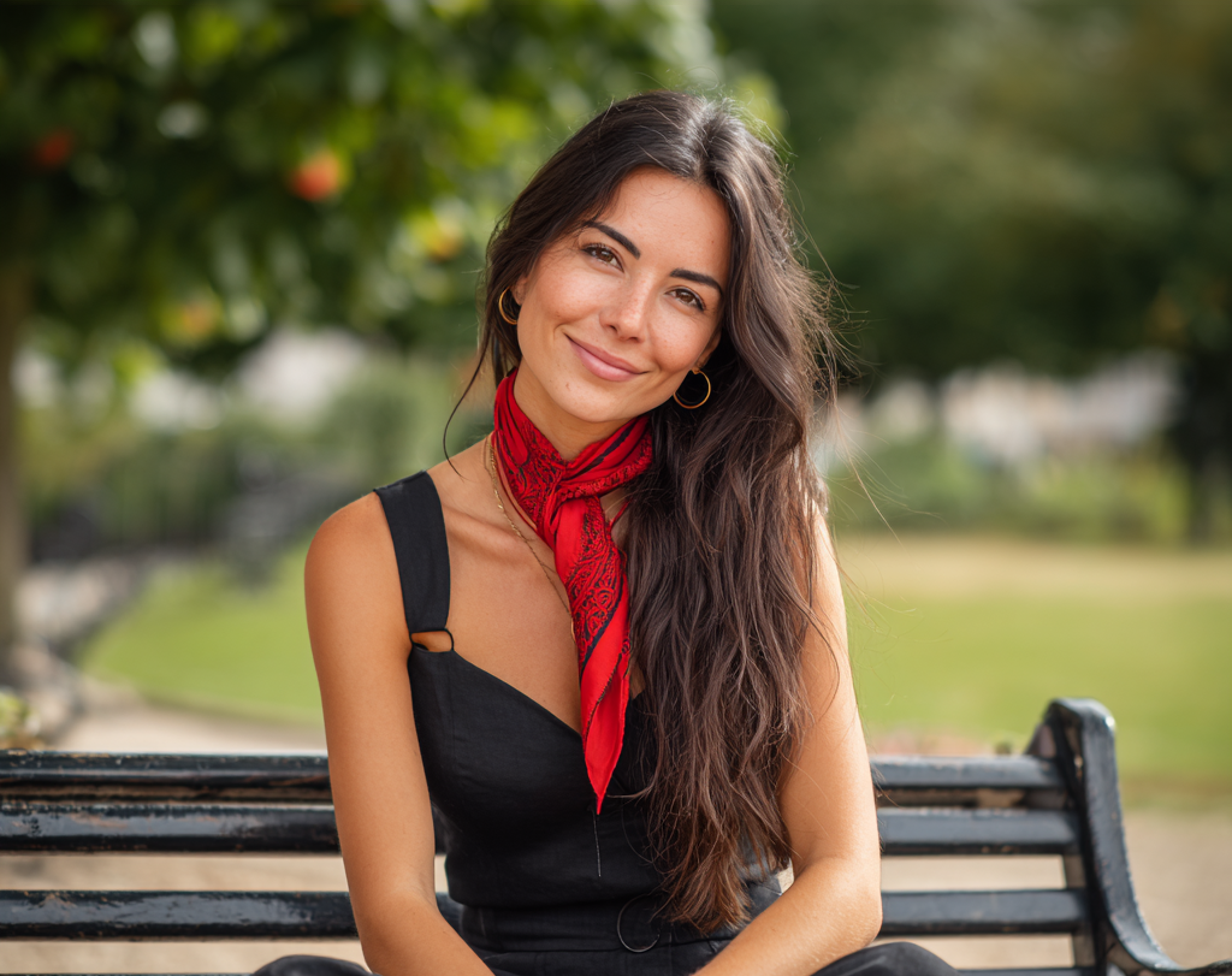 A smiling woman sitting on a park bench | Source: Midjourney