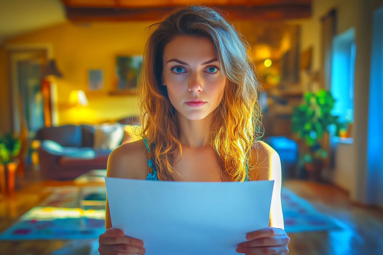 A serious woman holding a paper page | Source: Midjourney