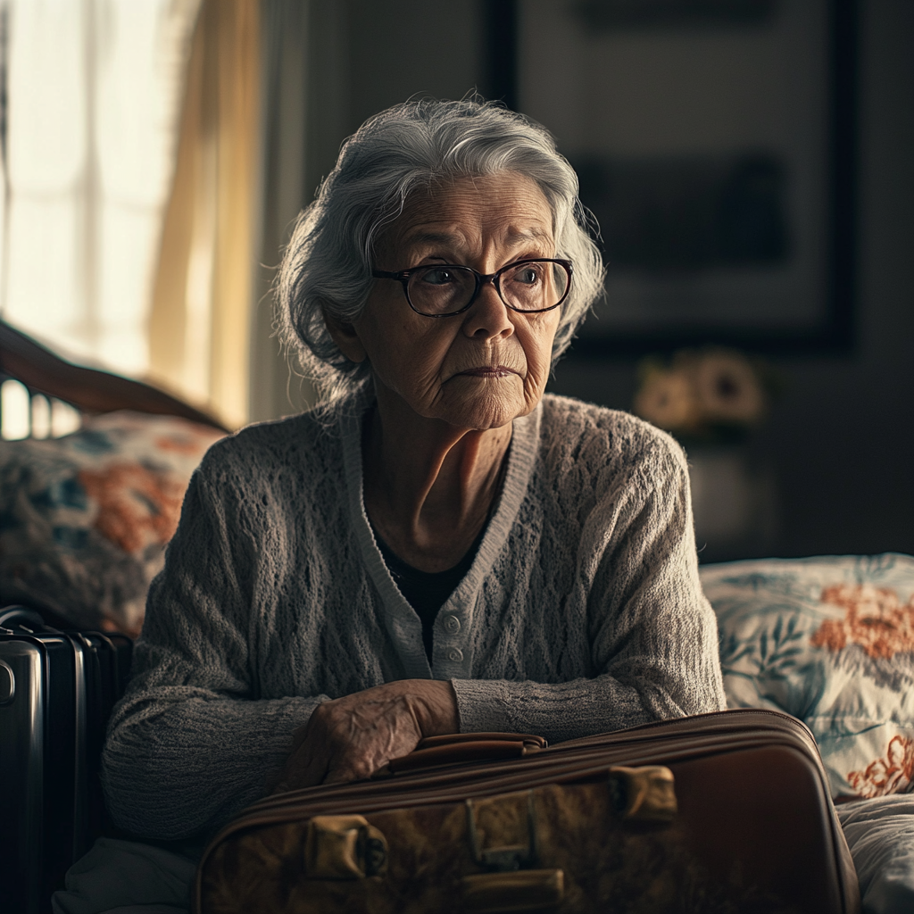 A sad senior woman resting her hands on packed suitcases | Source: Midjourney