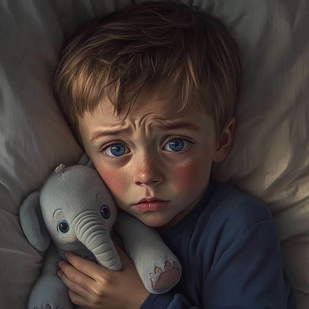 A distressed little boy lying in bed with his plushie | Source: Midjourney