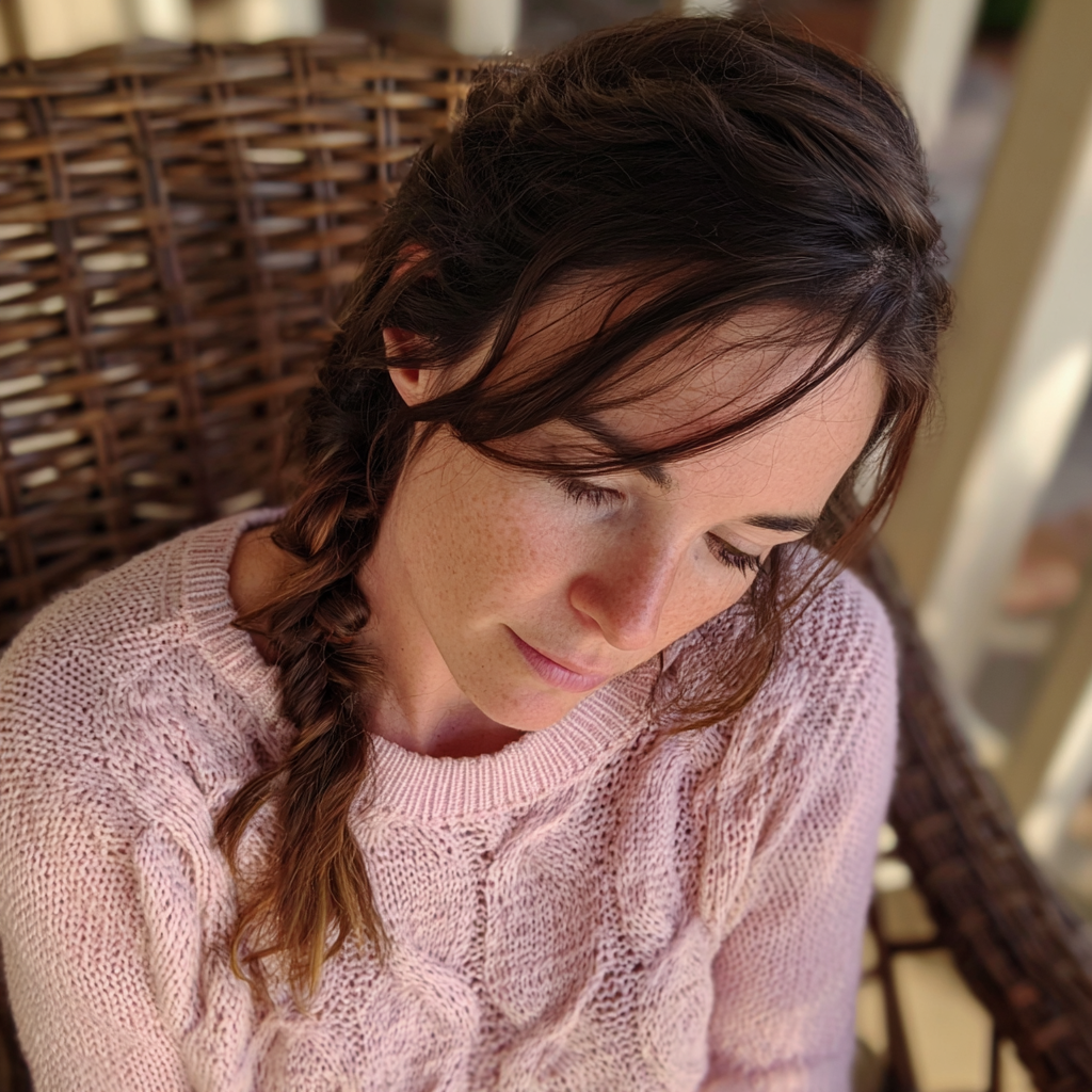 A woman wearing a pale pink sweater | Source: Midjourney