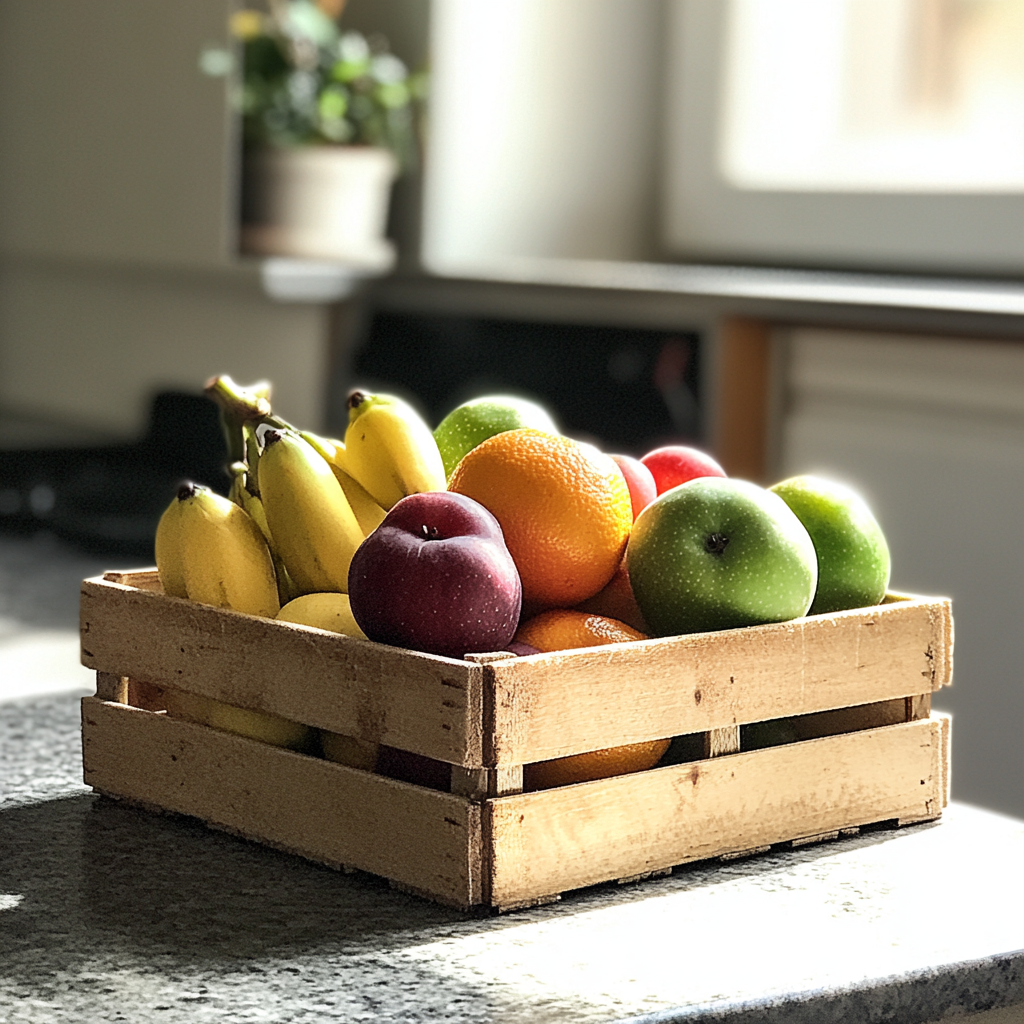 A crate of fresh fruit on a kitchen counter | Source: Midjourney