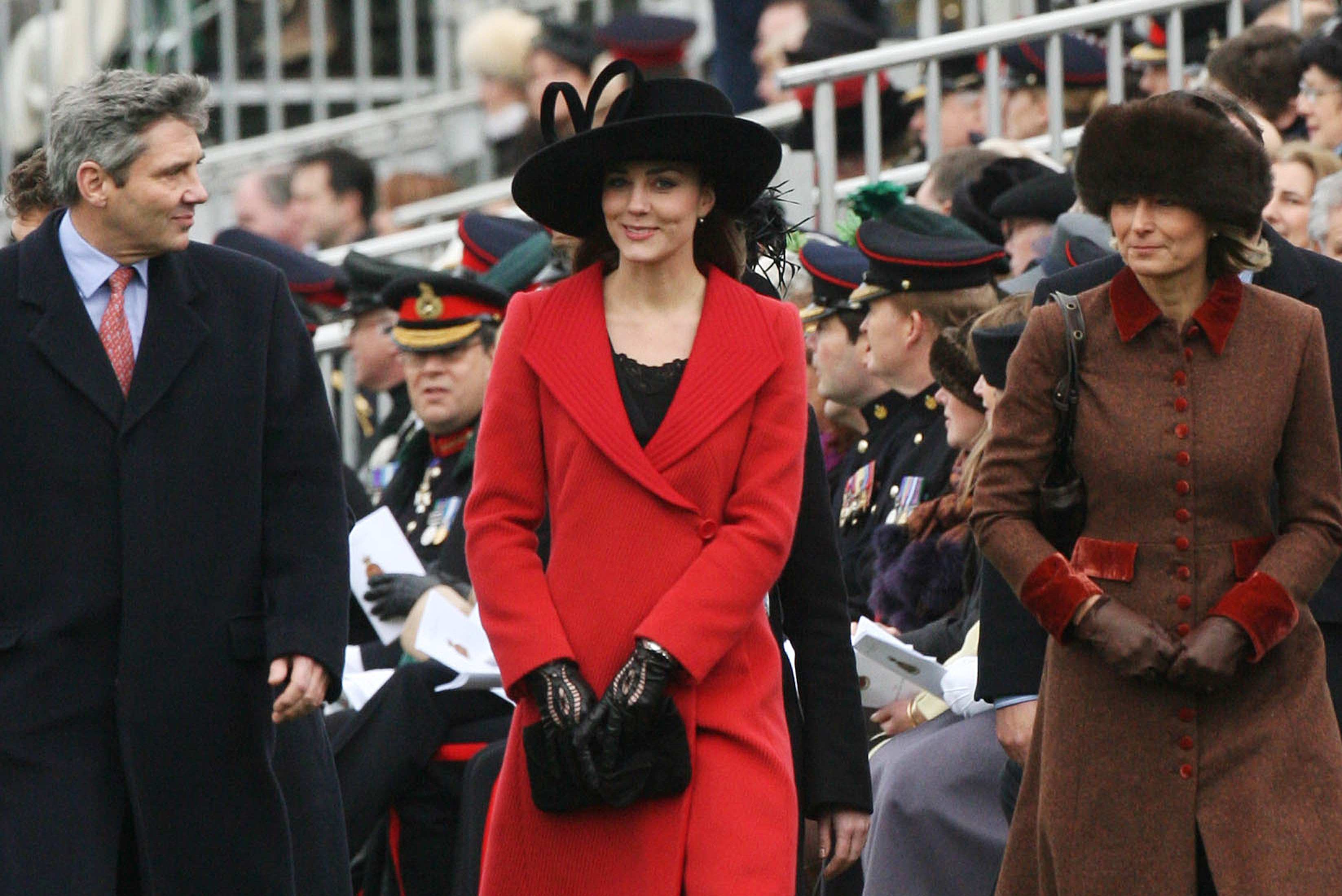 Kate Middleton with her parents Carole and Michael at the Sovereign's Parade at Sandhurst Military Academy to watch the passing-out parade on December 15, 2006. | Source: Getty Images