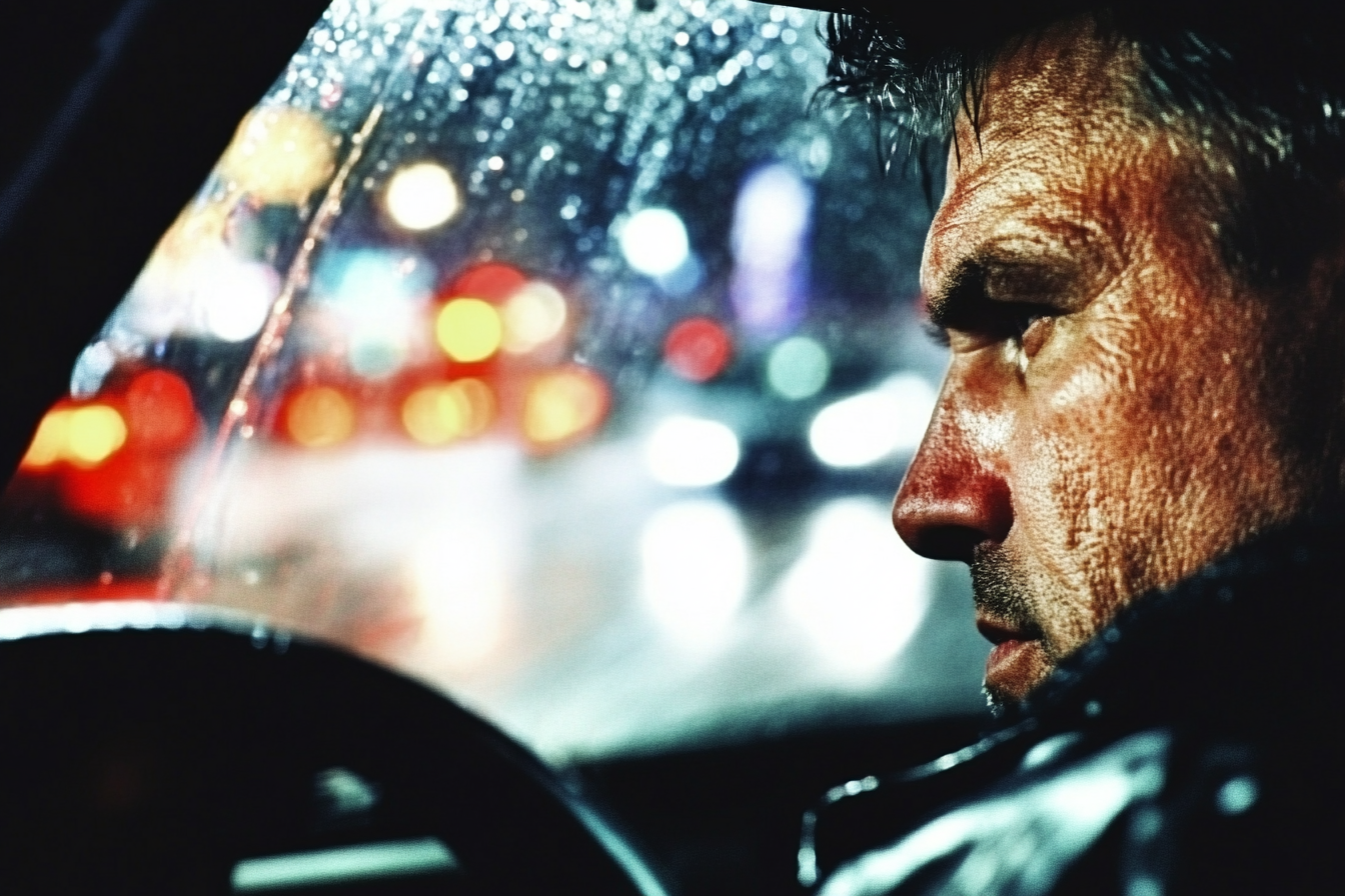 A man in a car at night | Source: Midjourney