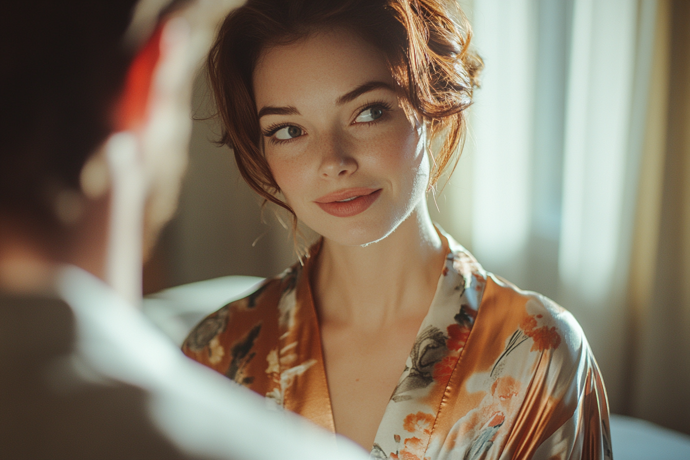 A woman with a smirk, talking to her fiancé | Source: Midjourney