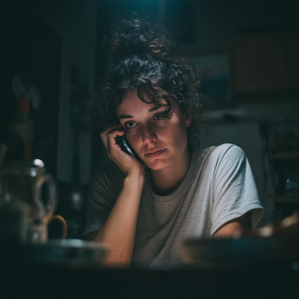 A woman sitting at a kitchen table | Source: Midjourney