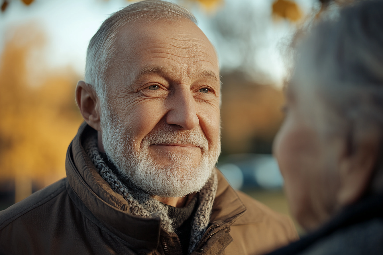 An older man smiling at his wife | Source: Midjourney