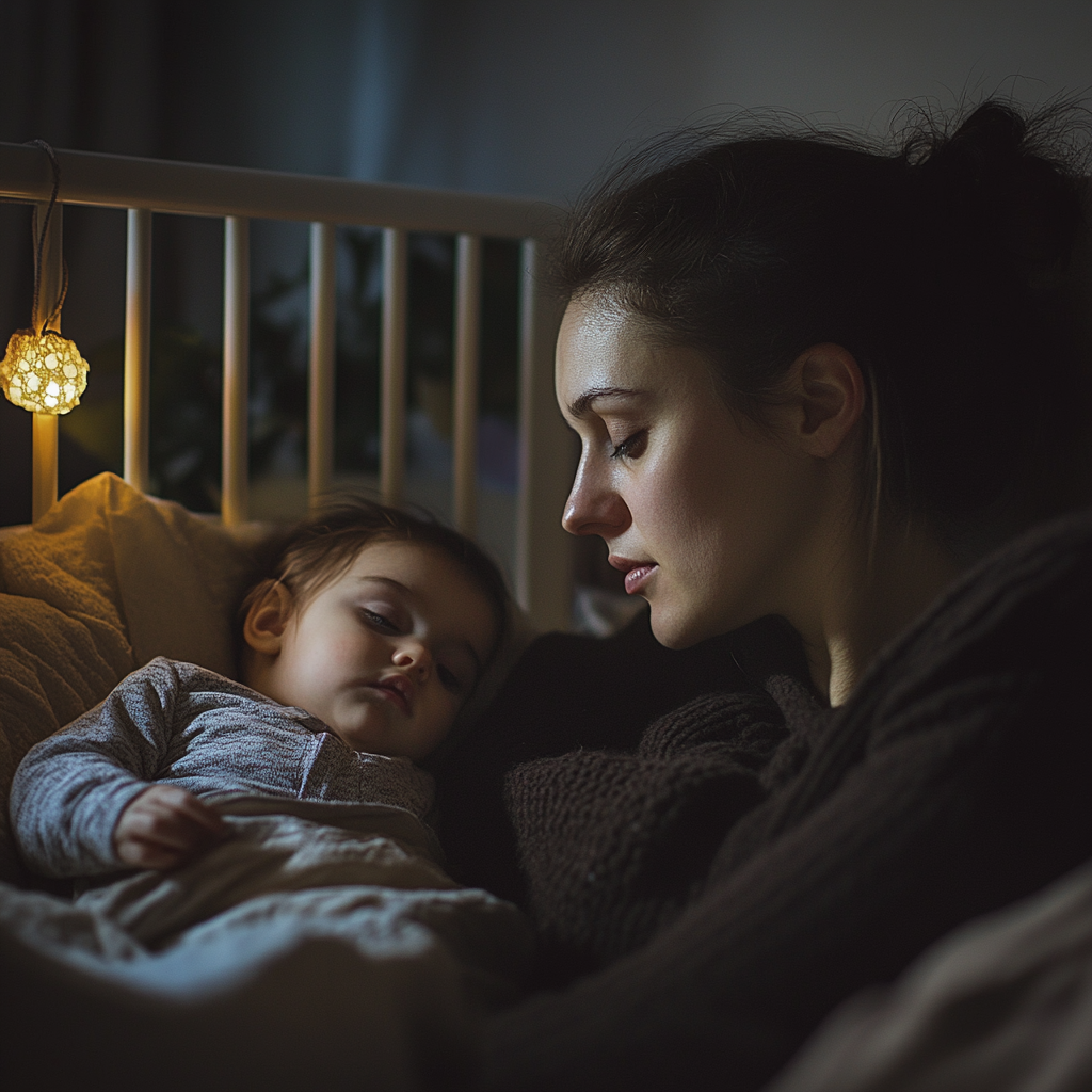 A sad woman talking to her young baby | Source: Midjourney