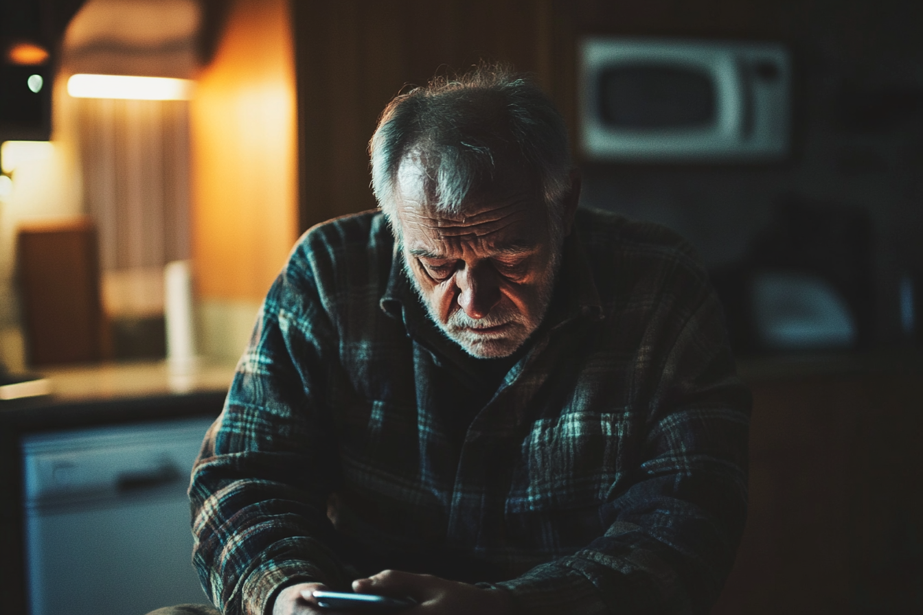 A man staring sadly at his cell phone | Source: Midjourney