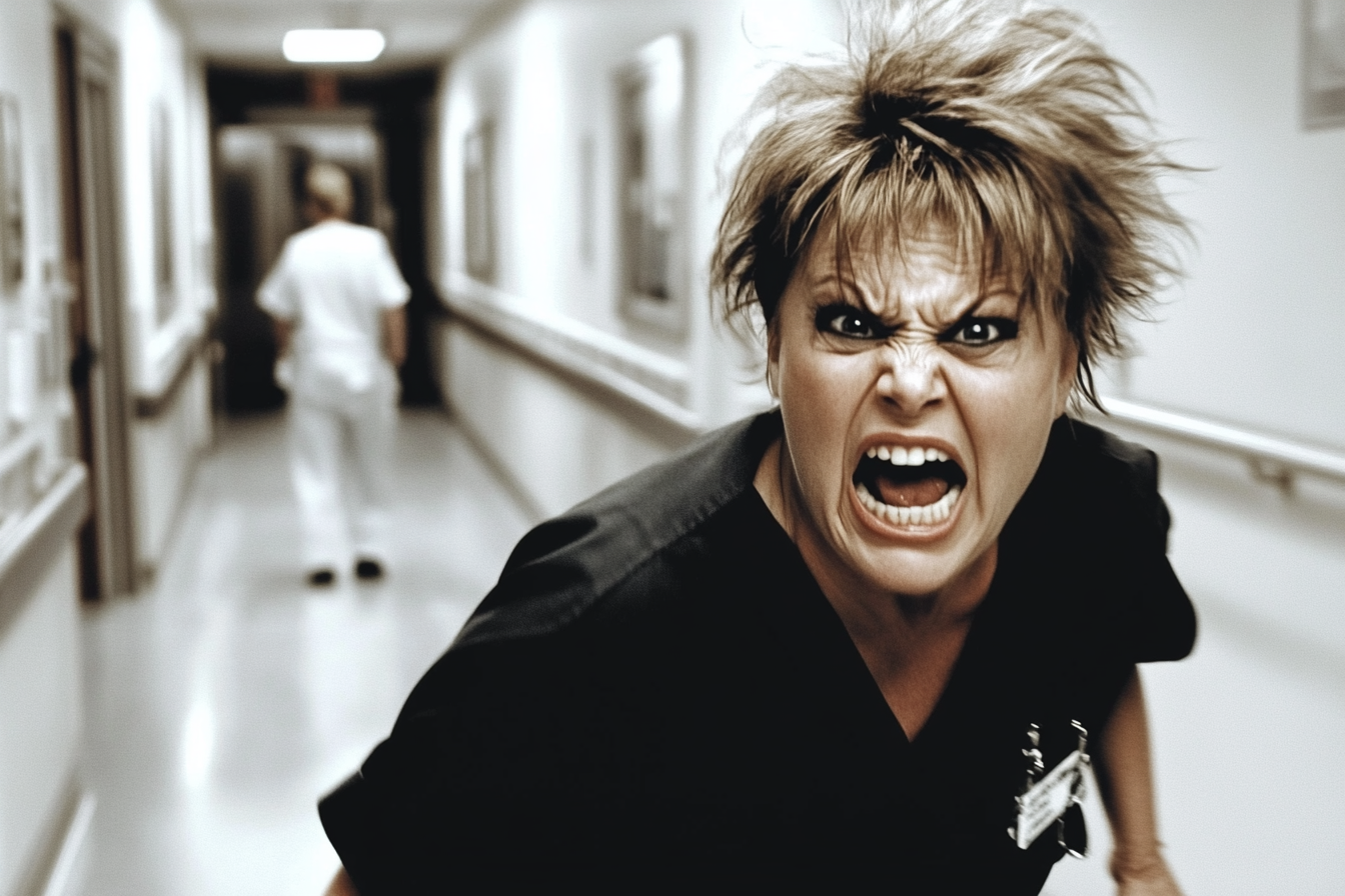 A woman in scrubs yelling in a hospital hallway | Source: Midjourney