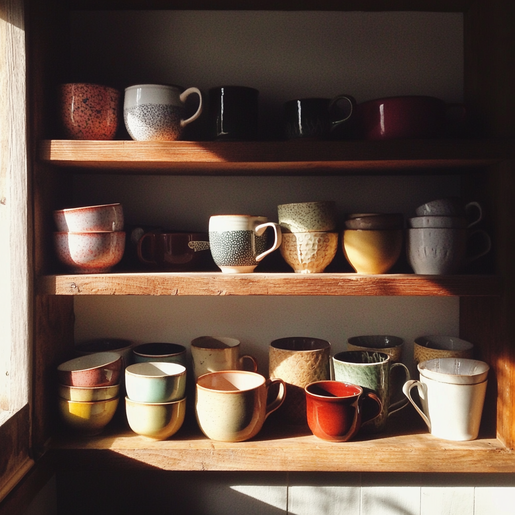 A kitchen shelf of mugs | Source: Midjourney